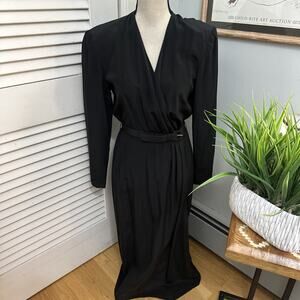 Vintage Ralph Lauren Wrap Dress Womens 10 Black Silk Belted Midi 90s Minimalist